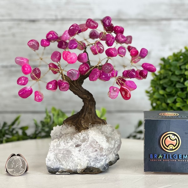 Pink Agate 7" Tall Handmade Gemstone Tree on a Crystal base, 60 Gems #5402PNKA by Brazil Gems®