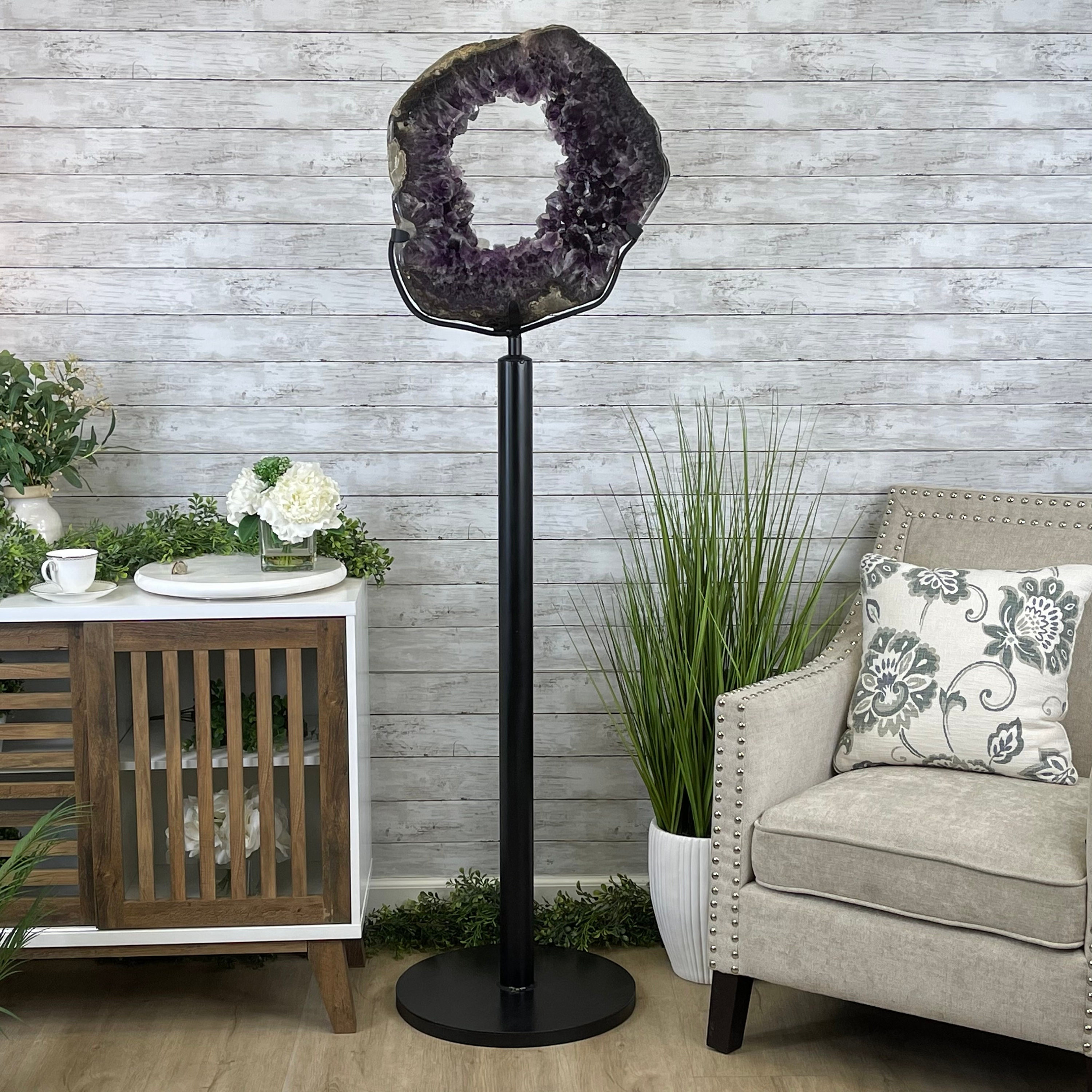 Extra Plus Quality Brazilian Amethyst Slice/Ring On A Tall Rotating Stand, 81.6 lbs & 69.5" Tall Model #5604-0099 By Brazil Gems