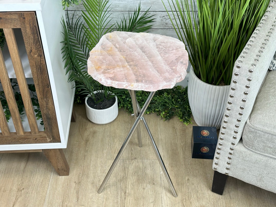Natural Rose Quartz Side Table on Chrome Metal Base, 24.5" Tall #1341RQ ...