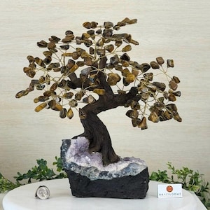 Tiger's Eye 14" Tall Bonsai Gemstone Tree, Amethyst Base, 180 Gems #5404TIGE by Brazil Gems®