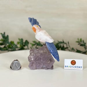 Small Hand-Carved Rose Quartz Cockatoo 5.2&quot; Long  on an Amethyst Base #3002-RQCAM-053 by Brazil Gems®
