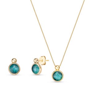 May include: A gold necklace and earrings set with a round green gemstone pendant and matching earrings.