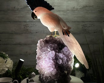特大の手彫りクリアクォーツオウム鳥、アメジストベース付き、高