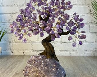 14" Tall Handmade Gemstone Tree w/ Crystal Cluster base, 180 Total Gems, 11 Gem Options, Model #5404 by Brazil Gems