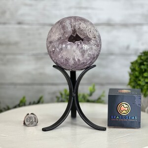 Druzy Amethyst Sphere on a Metal Stand, 3.4 lbs & 8.7&quot; Tall #5630-0054 by Brazil Gems®