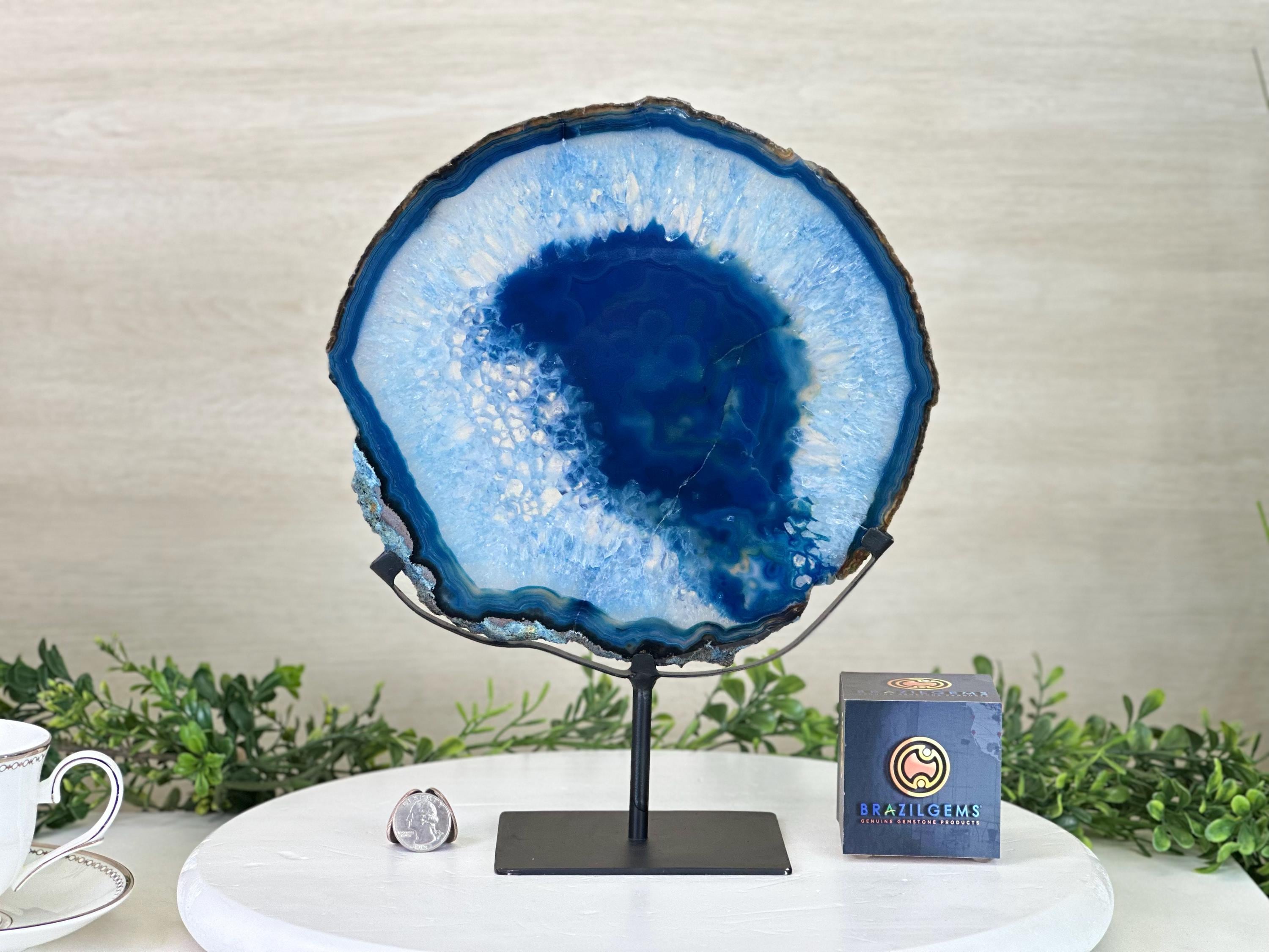 Brazilian Blue Agate Slice on a Metal Stand, 12.2
