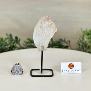 May include: A clear, iridescent crystal on a black metal stand. A silver ring with a coin design and a small white business card with the text "BRAZILGEMS" are also present. The crystal has a rough, natural texture.