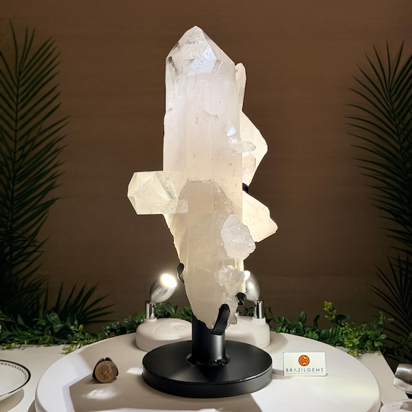 Clear Quartz Cluster, Rotating Stand, 15.6 lbs & 15.4” Tall #5495R-006