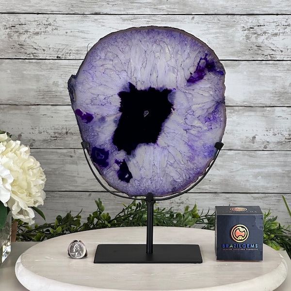 Brazilian Purple Agate Slice on Metal Base, 12.5" Tall Model #5065PU-052 by Brazil Gems