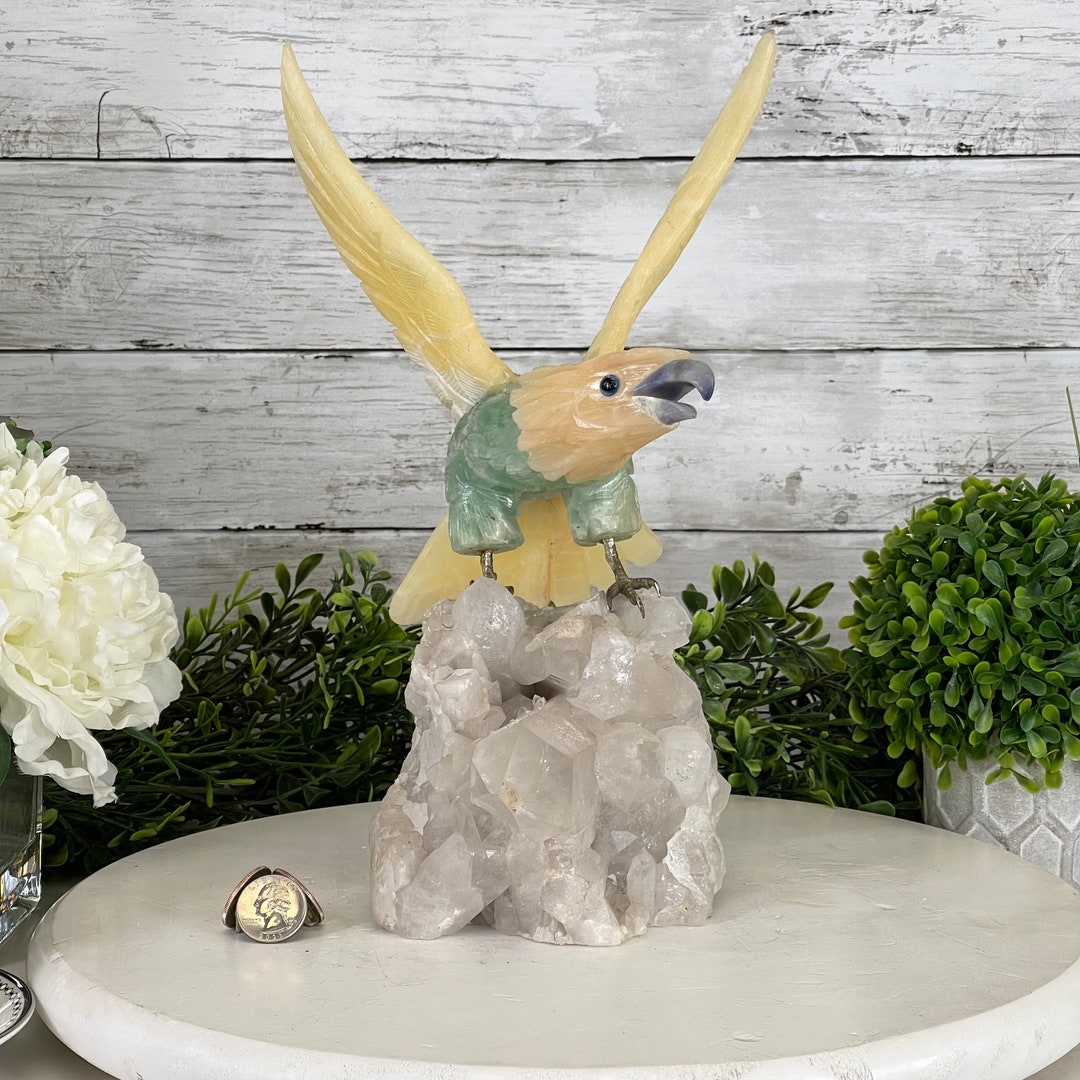 Pistachio Calcite Crystal Eagle Figurine on a Clear Quartz Cluster Base Model 3005PCECQ029 by
