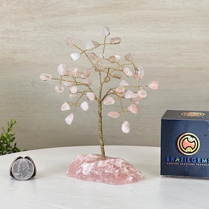 Pode incluir: Uma árvore de cristal de quartzo rosa com uma estrutura de arame e uma base rosa. A árvore está sobre uma mesa branca com uma moeda ao lado. A caixa no fundo diz "BrazilGems - Produtos de pedras preciosas genuínas".