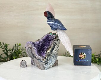 Extra Large Hand-carved Amazonite Toucan Bird W/ Amethyst Base, 13