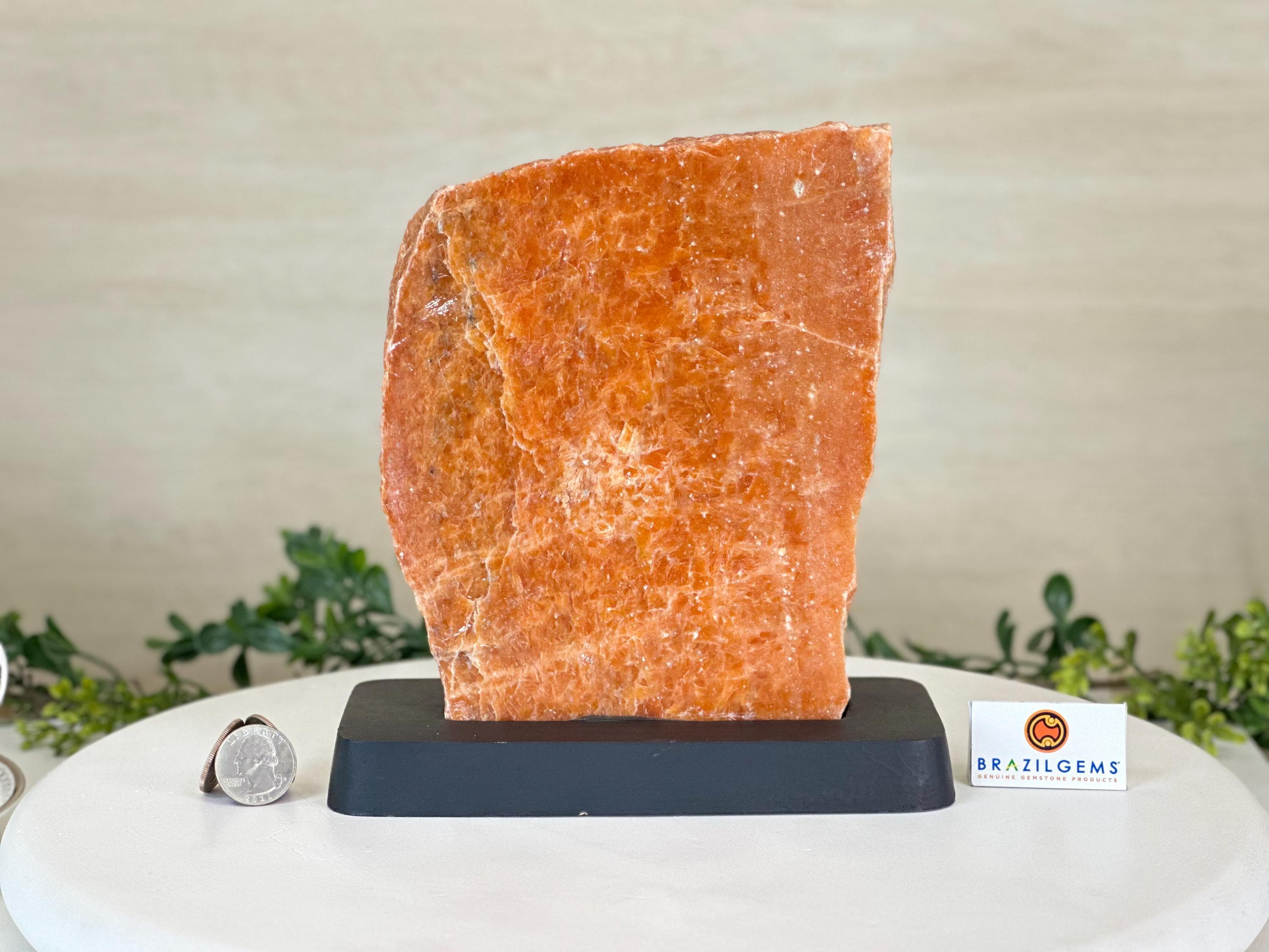 Orchid Calcite Polished Slice With Rough Edges, Wood Base 7.9