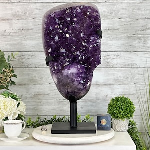 Amethyst Cluster on a Metal Base, 69.9 lbs & 23.1&quot; Tall #5491-0146 by Brazil Gems®