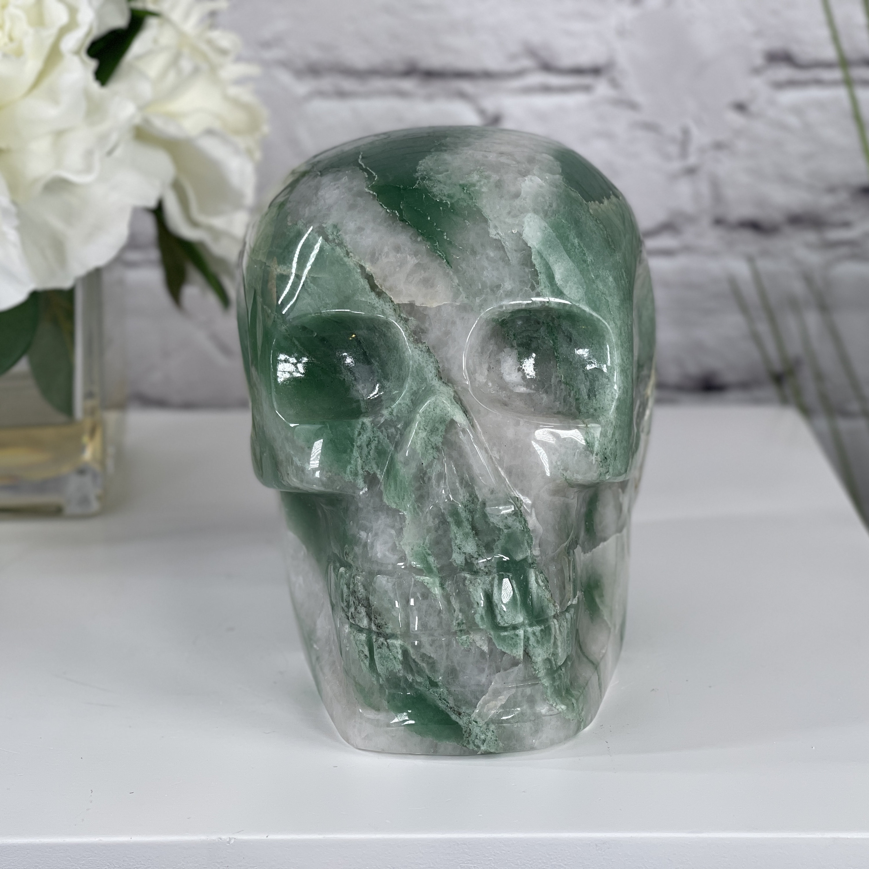Handmade Green Quartz Crystal Skull 5.5" Tall Model #3477-0009 By Brazil Gems
