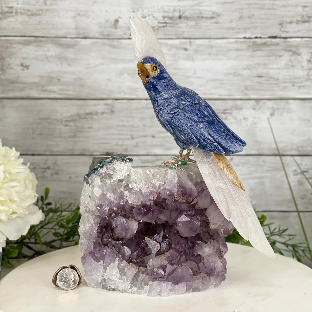 Blue Quartz Crystal Cockatoo Figurine on an Amethyst Cluster Base, 11.6