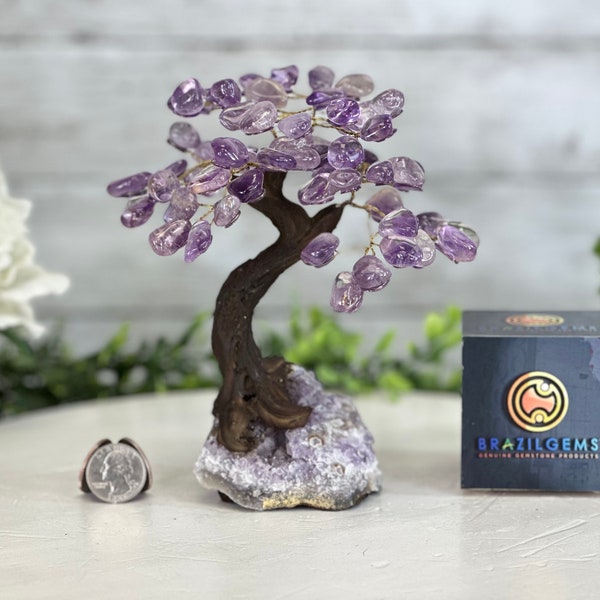 Amethyst 7" Tall Handmade Gemstone Tree on a Crystal base, 60 Gems #5402AMTH by Brazil Gems®