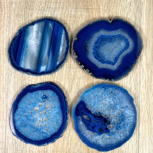 Blue Agate Coasters w/ silicone bumpers, 3.5" to 4.5" each, 4-piece set Model #5204BLUE by Brazil Gems