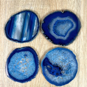 Blue Agate Coasters w/ silicone bumpers, 3.5" to 4.5" each, 4-piece set Model #5204BLUE by Brazil Gems