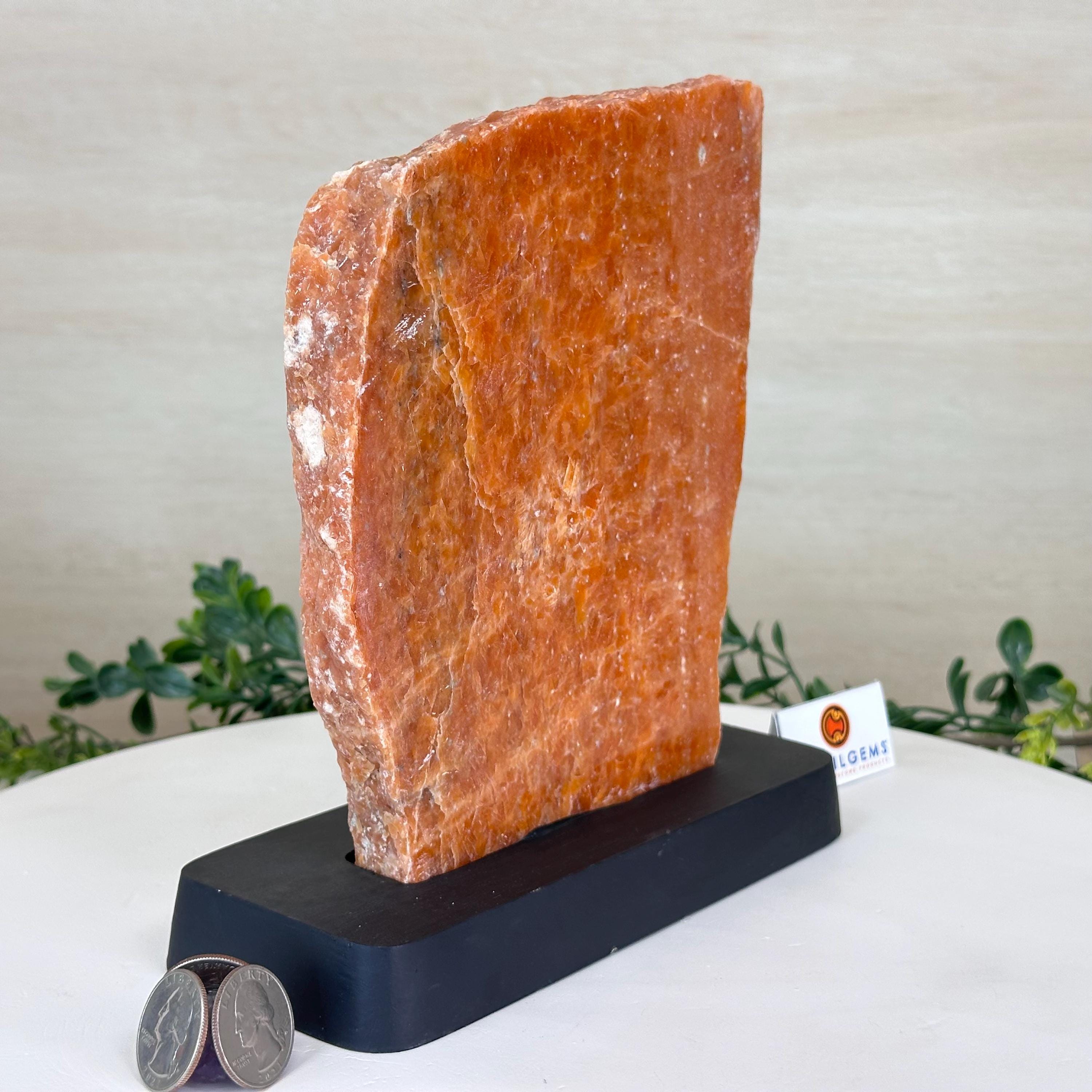 Orchid Calcite Polished Slice With Rough Edges, Wood Base 7.9