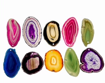 Polished Natural and Dyed Agate Slices, mixed colors, w/ top drilled pendant hole, 1.5" to 3", 10 slices #5053COHL by Brazil Gems