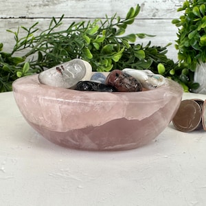 Polished Brazilian Rose Quartz Crystal Bowl W/ Tumbled Gemstones, 1.7 ...