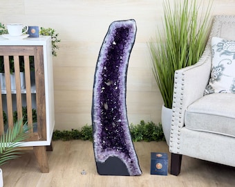 May include: A large, polished amethyst geode with a deep purple interior and a dark gray base. The geode is tall and curved, showcasing the crystal formations. A small box with gold accents sits nearby.