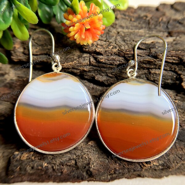 Orange Banded Agate Gemstone Earrings, 925 Sterling Silver, Round Shape Earrings, Statement Earrings, Healing Crystal Jewelry, a18
