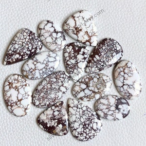 May include: A collection of white and brown turquoise stones in various shapes, including oval, teardrop, and irregular forms. The stones have a distinctive web-like pattern of brown veins against a white background, ideal for jewelry making.