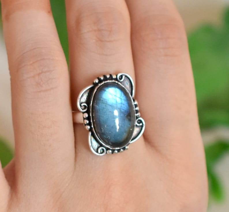 Statement Ring Size 5.5 US Natural Labradorite Ring Oval Gemstone jewelry Bridal Ring Ethnic Ring Sterling silver Engagement Ring 212