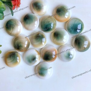 Könnte beinhalten: Eine Ansammlung runder, polierter Cabochons mit wirbelnden Mustern in Weiß, Grün und Beige. Die Cabochons liegen auf einer weißen Oberfläche, mit einigen Blättern und Blüten im Hintergrund.