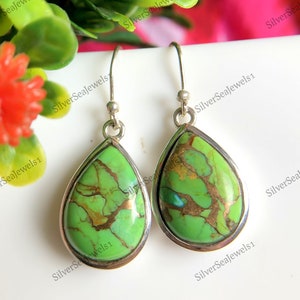 Grüne Mojave Kupfer Türkis Edelstein Ohrringe, 925 Sterling Silber, Zarte Ohrringe, Tropfen Ohrringe, Geburtstagsgeschenk, Kraft Kristall