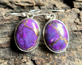 Purple Mojave Copper Turquoise Gemstone Earrings, 925 Sterling Silver, Unique Earrings, Oval Shape Earrings, Gift For Women, Energy Crystal