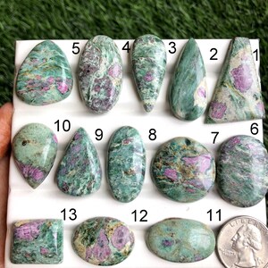 Puede incluir: Una colección de trece piedras preciosas pulidas, cada una con una forma y patrón únicos. Las piedras presentan una mezcla de tonos verdes y rosas, con una moneda para la escala. Las piedras preciosas se muestran sobre una superficie blanca.