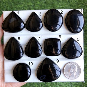 May include: An assortment of polished black gemstones in various shapes, including oval, teardrop, and square. A U.S. quarter is included for size comparison. The gemstones are displayed on a white surface against a green background.