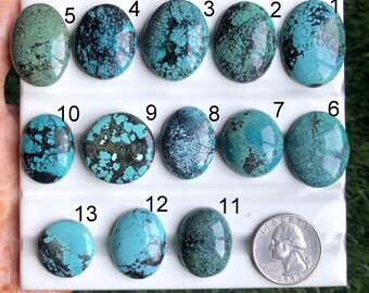 May include: A collection of thirteen oval-shaped turquoise gemstones, each with unique patterns of blue and green hues. A US quarter is included for size comparison. The gemstones are numbered 1 through 13.
