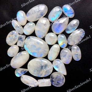 Lote de atacado de cabochão de pedra da lua arco-íris natural, formatos e tamanhos variados, cabochão de pedra da lua arco-íris para fabricação de joias e artesanato