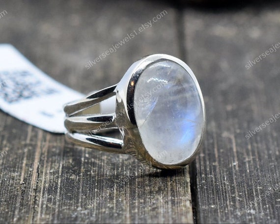 Three Stone Peach Moonstone Ring in Solid Sterling Silver- Designed by