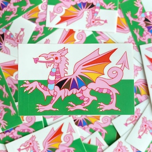 May include: A pink dragon with rainbow wings on a green and white flag. The dragon is facing right and has a long tail. The flag is a sticker.