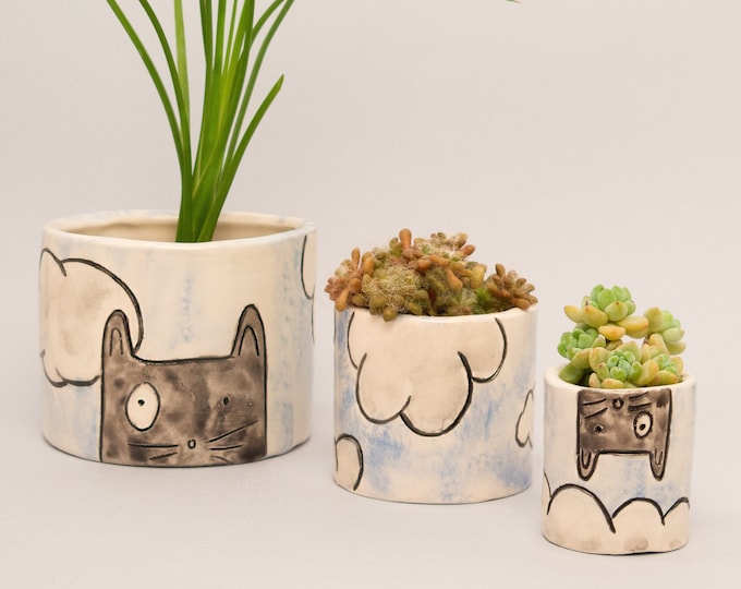 Pi Pan Trio: Handmade Cat Planters Set in 3 sizes with Whimsical Charm