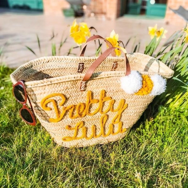 Customizable straw beach basket word and pompoms leather handles Mother's Day Gift Personalized gift basket customizable cabs