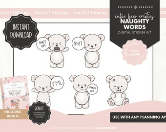 Inkie Bear Naughty Words Emotis Digital Stickers  | Scool Goodnotes Stickers | Ipad Stickers | Digital Download | Digital Planner Stickers