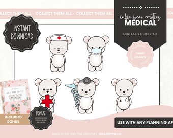 Inkie Bear Medical Emotis Digital Stickers  | Nurse Goodnotes Stickers | Ipad Stickers | Digital Download | Digital Planner Stickers