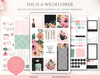 Elle est une fleur sauvage Stickers numériques | Autocollants Goodnotes printaniers | Stickers Bullet Journal | Stickers agenda numérique