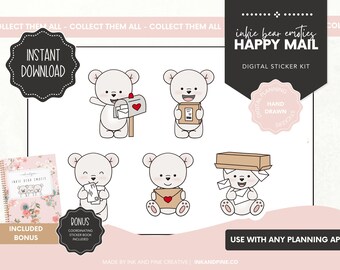 Inkie Bear Happy Mail Emotis Digital Stickers  | Scool Goodnotes Stickers | Ipad Stickers | Digital Download | Digital Planner Stickers