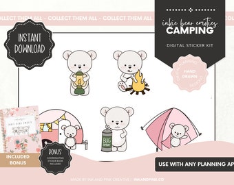 Inkie Bear Camping  Emoti Digital Stickers  | Outdoor Goodnotes Stickers | Ipad Stickers | Digital Download | Digital Planner Stickers