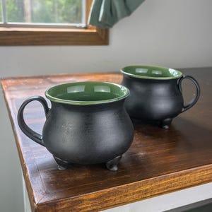 Set of 2 Cauldron Mugs - Satin Black with Green Glaze Interior