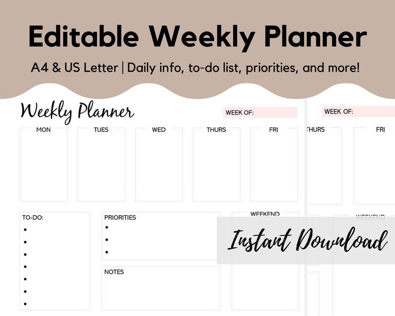 weekly planner printable printable weekly schedule a4 and