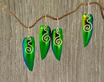 Sparkly All Natural Blue Green Beetle Wing Elytra Single Wing Earrings With Delicate Dainty Small Silver Or Gold Accent Curls