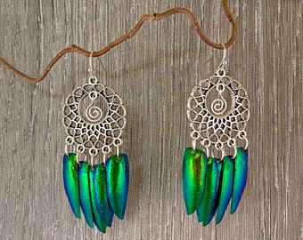May include: Silver earrings with a filigree design and green iridescent beetle wing accents.